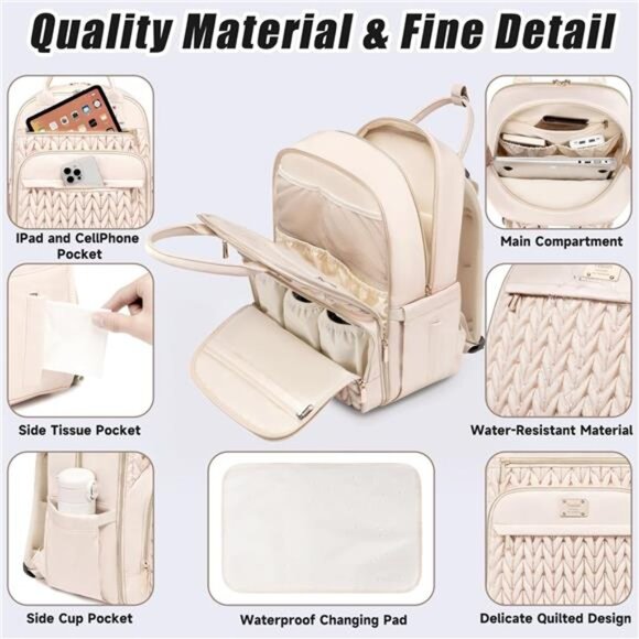 Diaper Bag Backpack Waterproof Travel Baby Bag with Changing Pad Stroller Straps - Picture 5 of 7